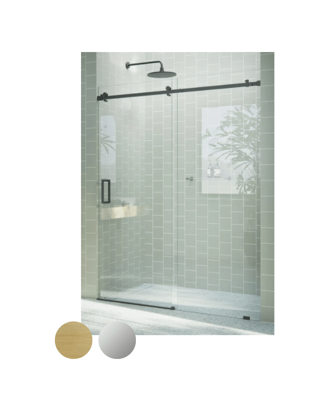 Frameless sliding shower door with matte black hardware in a bathroom featuring subway tiles and a rain showerhead.
