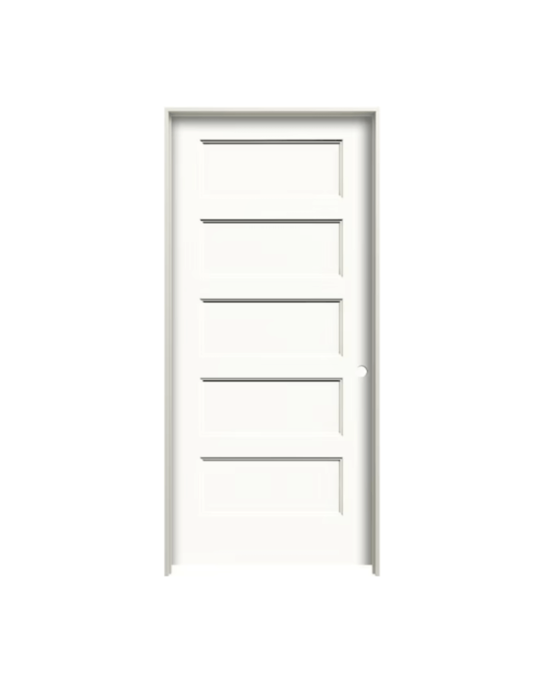 Elegant white interior door with five horizontal beveled panels, offering a sophisticated design for contemporary and traditional interiors.