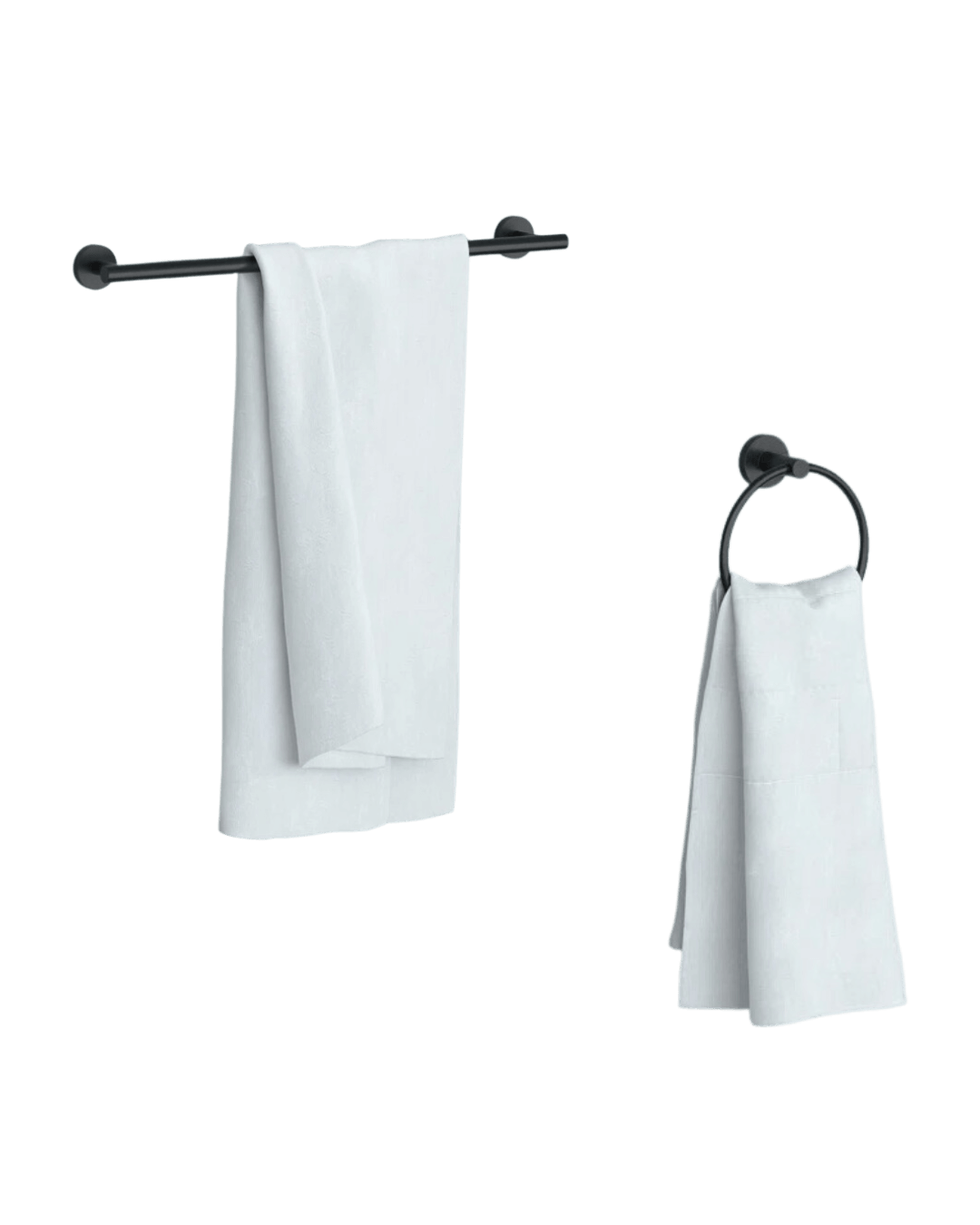 Matte black bathroom towel bar and ring holding white towels.