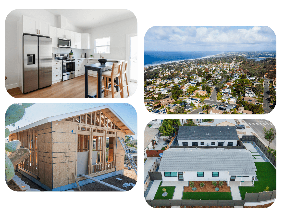 Collage showcasing ADU construction, completed units, modern interiors, and aerial view of Del Mar neighborhood.