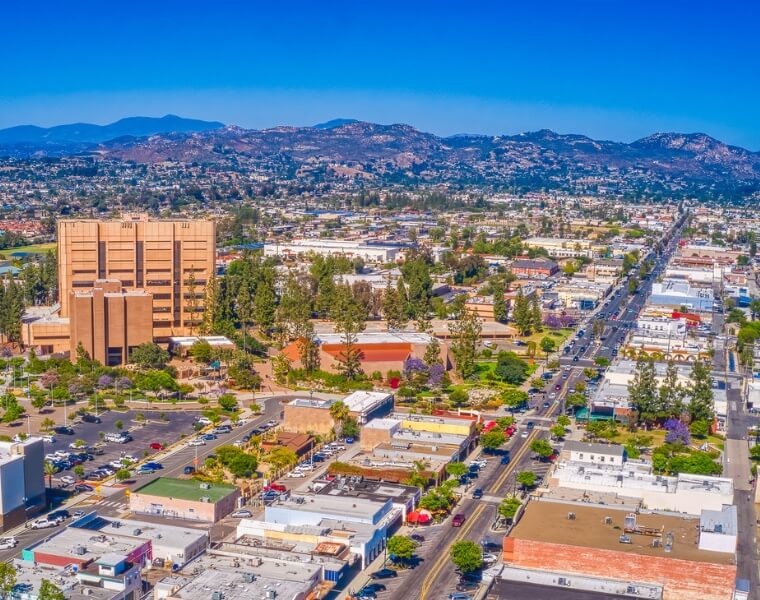 Aerial view of El Cajon, showcasing residential neighborhoods ideal for ADU development and expansion.