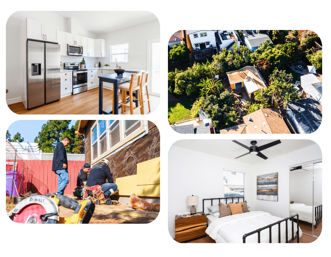 A collage of ADU project images, including a completed kitchen, an aerial view of a backyard unit, and a modern bedroom, highlighting family-owned expertise in ADU construction.