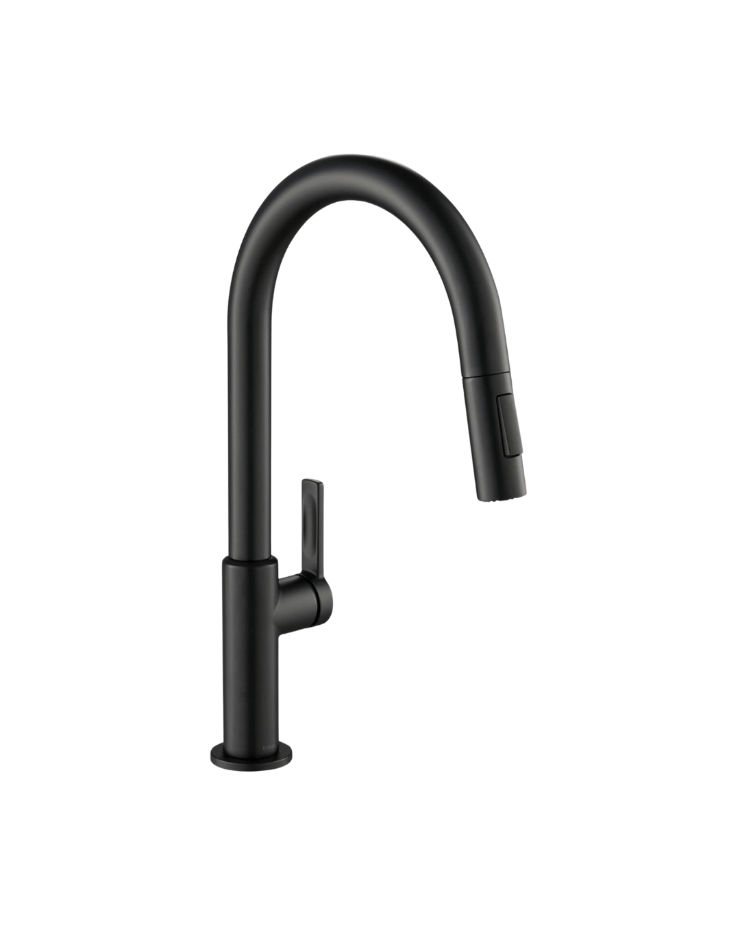 Elegant matte black kitchen faucet featuring a sleek, arched design with single lever and pull-down spray head for functionality.