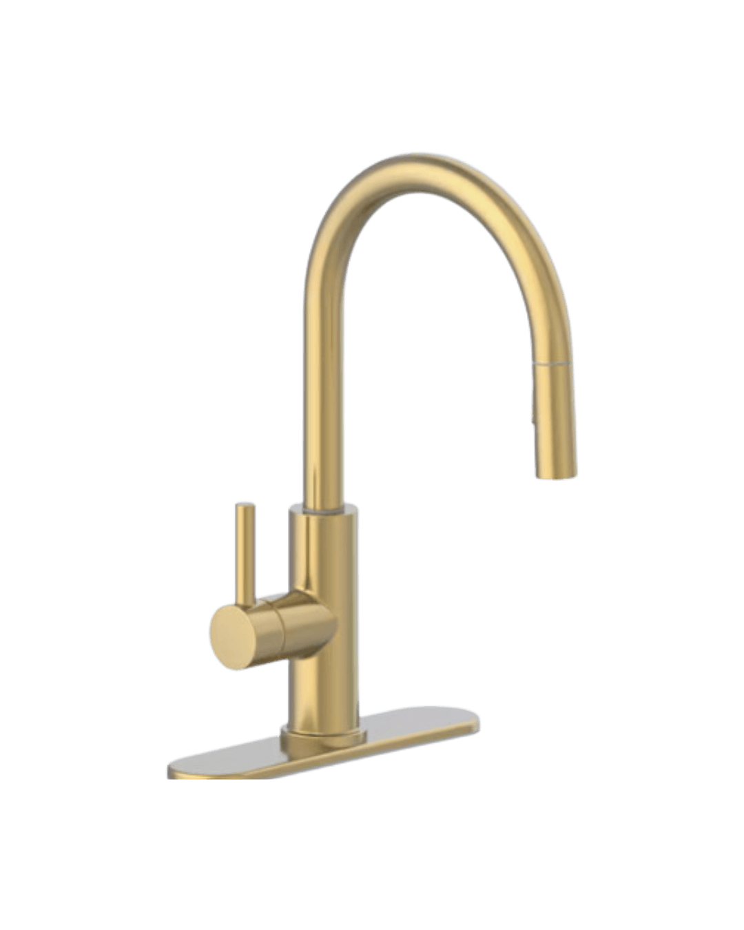 Sleek brushed brass kitchen faucet with a modern high-arc design, single lever handle, and integrated pull-down spray head for convenience and style.