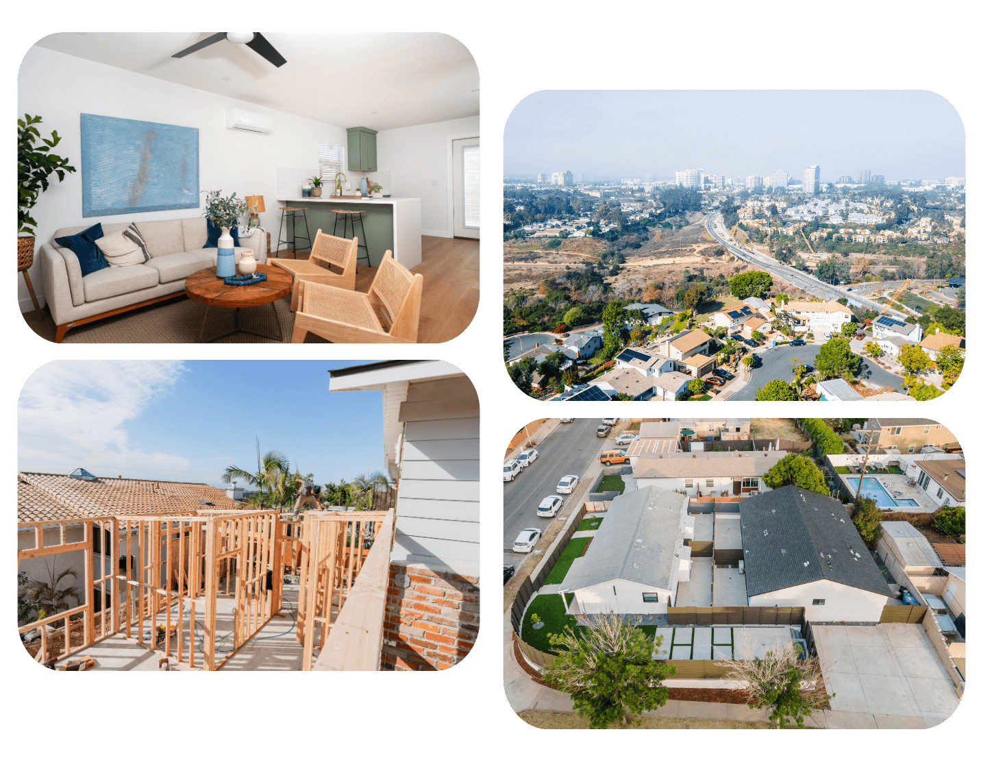 Collage of ADU interiors, construction, and aerial views of La Jolla neighborhoods by La Jolla ADU builders.