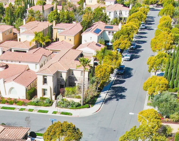 Aerial view of residential homes in National City, representing expert ADU builders and home expansion opportunities.
