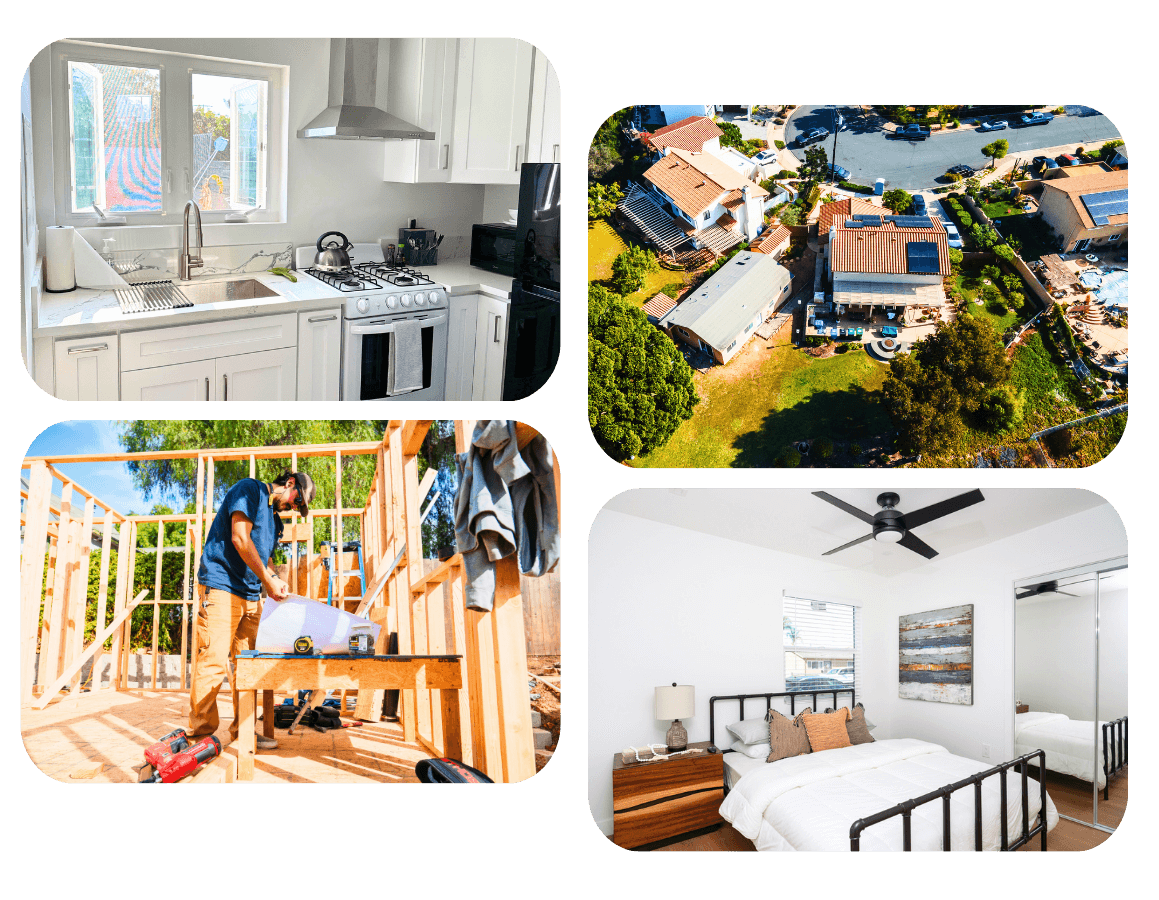 Collage of ADU construction and completed interiors in National City, showcasing expertise from a family-owned business.