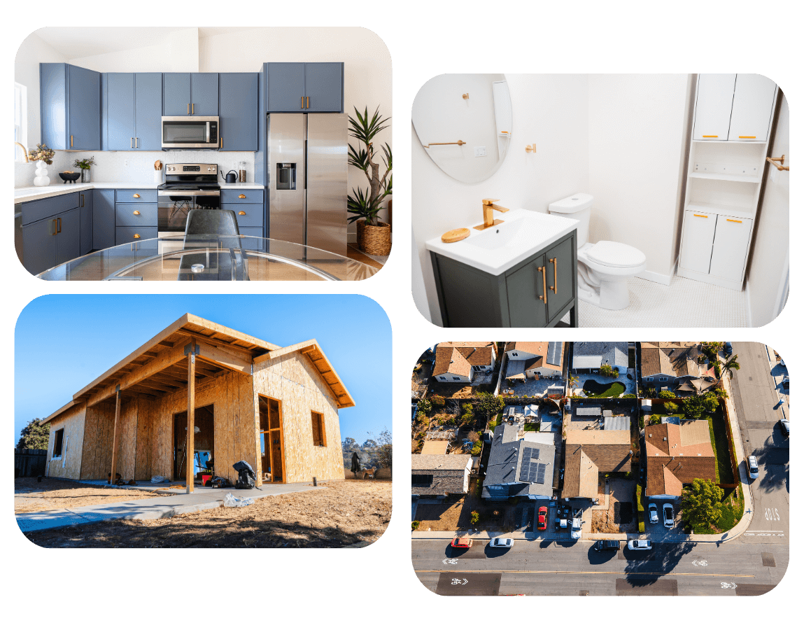 A collage of completed ADU projects, including kitchen designs, bathrooms, exterior construction, and aerial neighborhood views.