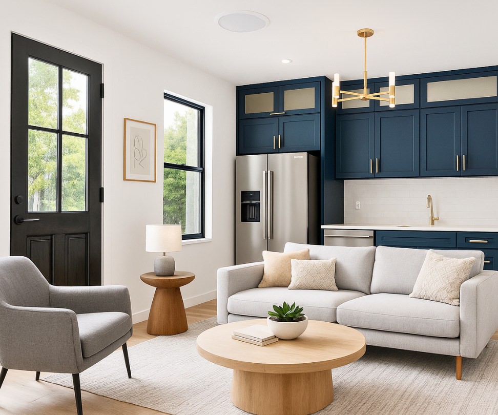 Modern ADU interior designed as a room addition, featuring a navy blue kitchen, light gray furniture, natural wood finishes, and a bright, open layout.