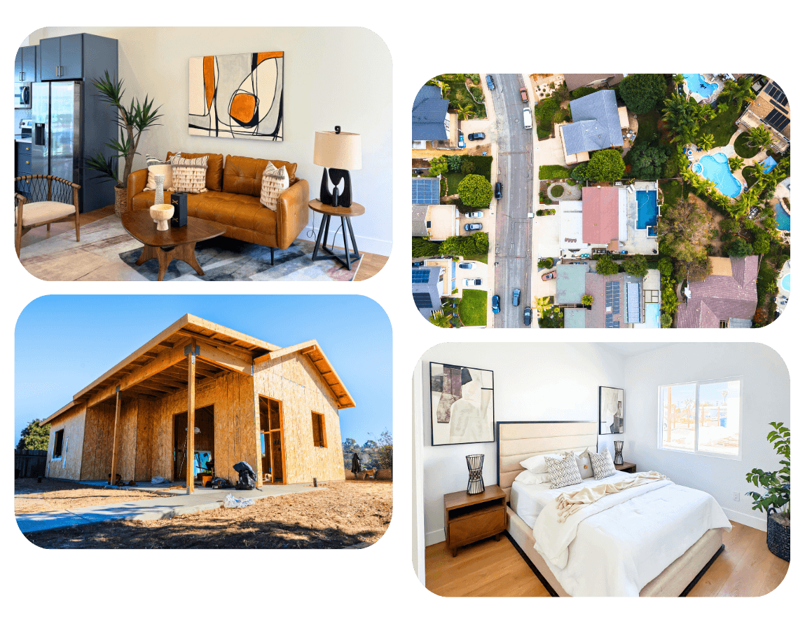 Collage of ADU projects in Santee, including modern interiors, an aerial view of homes, and a new construction site in progress.