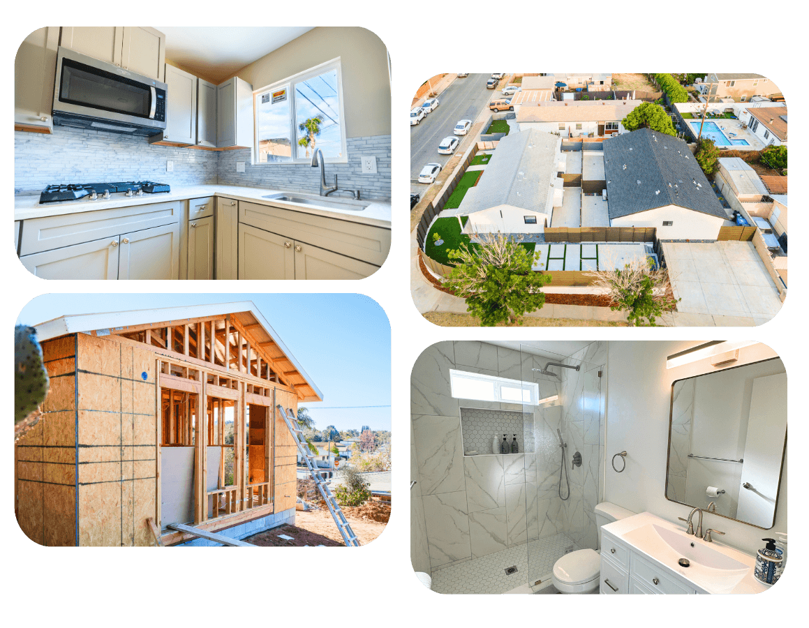 A collage of completed ADU projects, featuring kitchen, bathroom, exterior, and in-progress builds in Spring Valley.