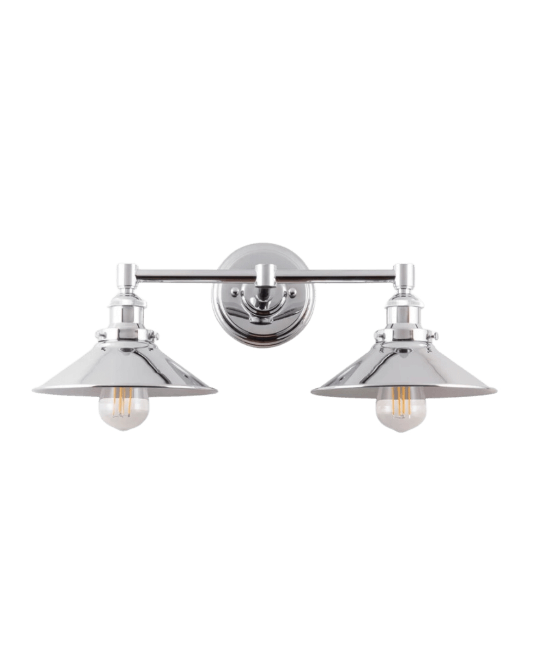 A polished chrome bathroom vanity light fixture with two downward-facing conical shades, each housing a visible bulb.