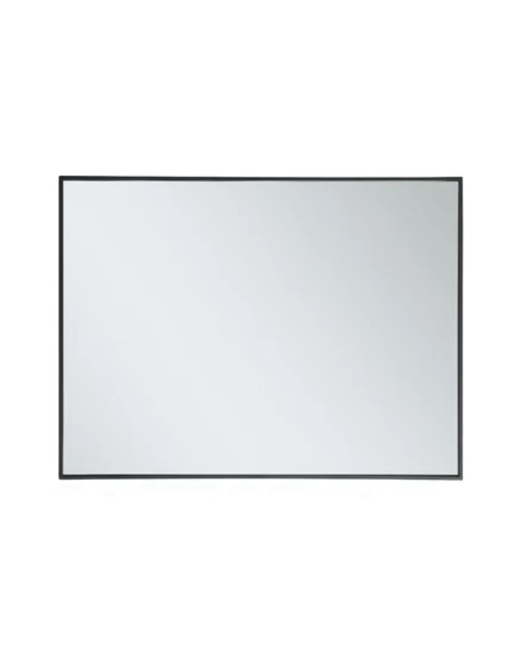 Large rectangular vanity mirror featuring a thin matte black frame, ideal for creating a clean, modern look in bathroom interiors.