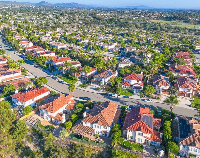 Aerial view of a residential neighborhood in Vista, showcasing homes ideal for ADU construction.