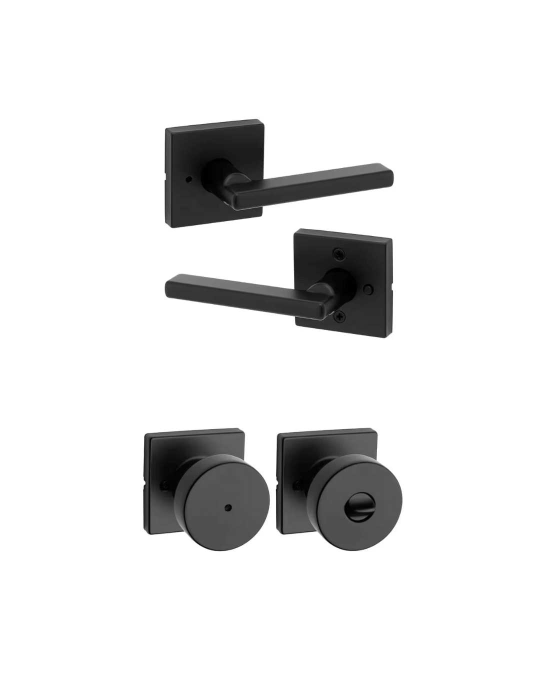 Modern matte black interior door hardware featuring stylish lever handles and sleek round knobs, ideal for minimalist and contemporary designs.