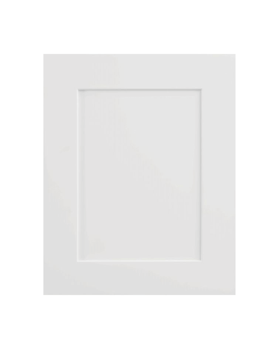 Close-up of a white shaker-style cabinet door featuring a simple, clean rectangular inset panel design.