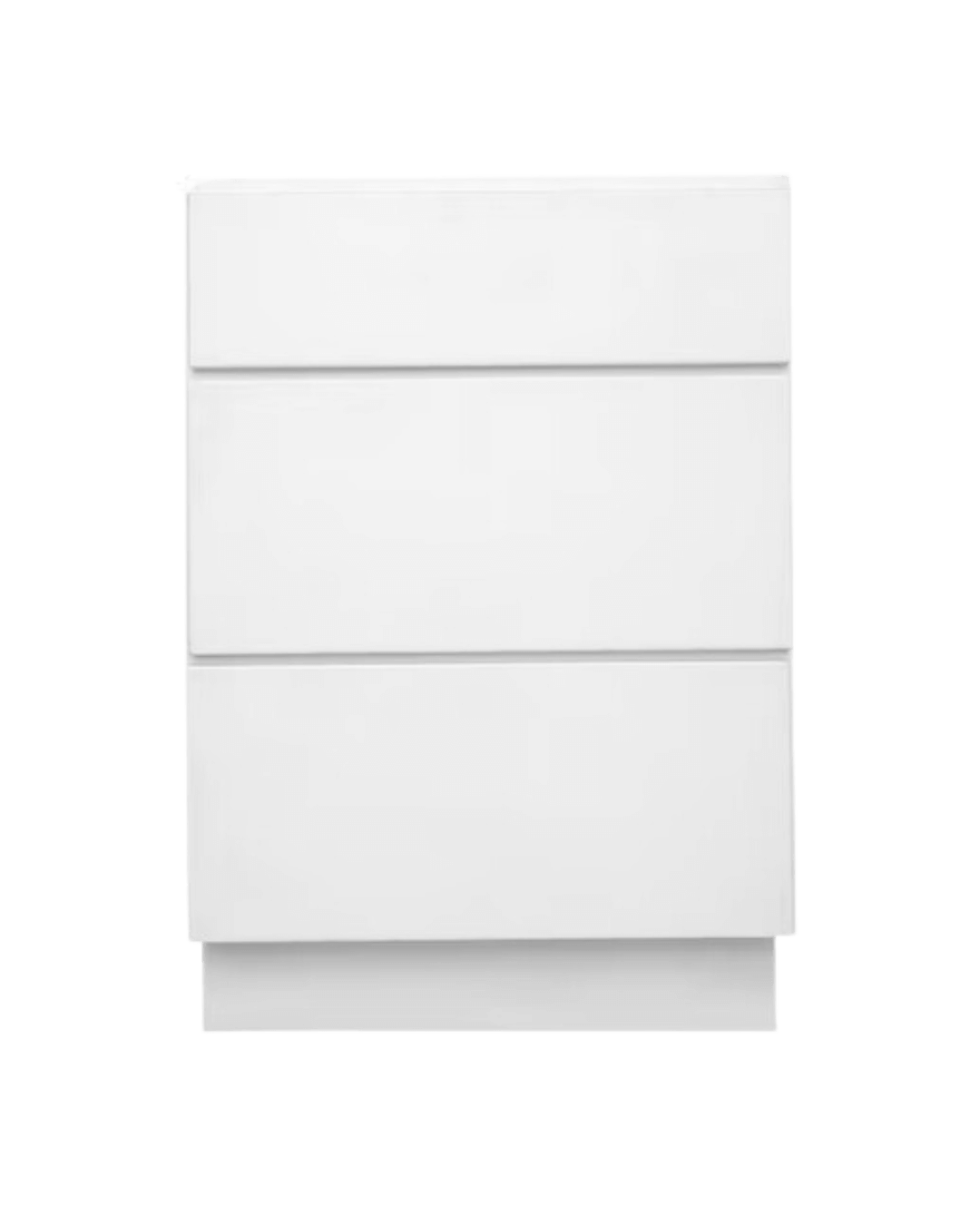 Sleek, contemporary white slab cabinet with minimalist lines and smooth, handle-free surface for a clean aesthetic.