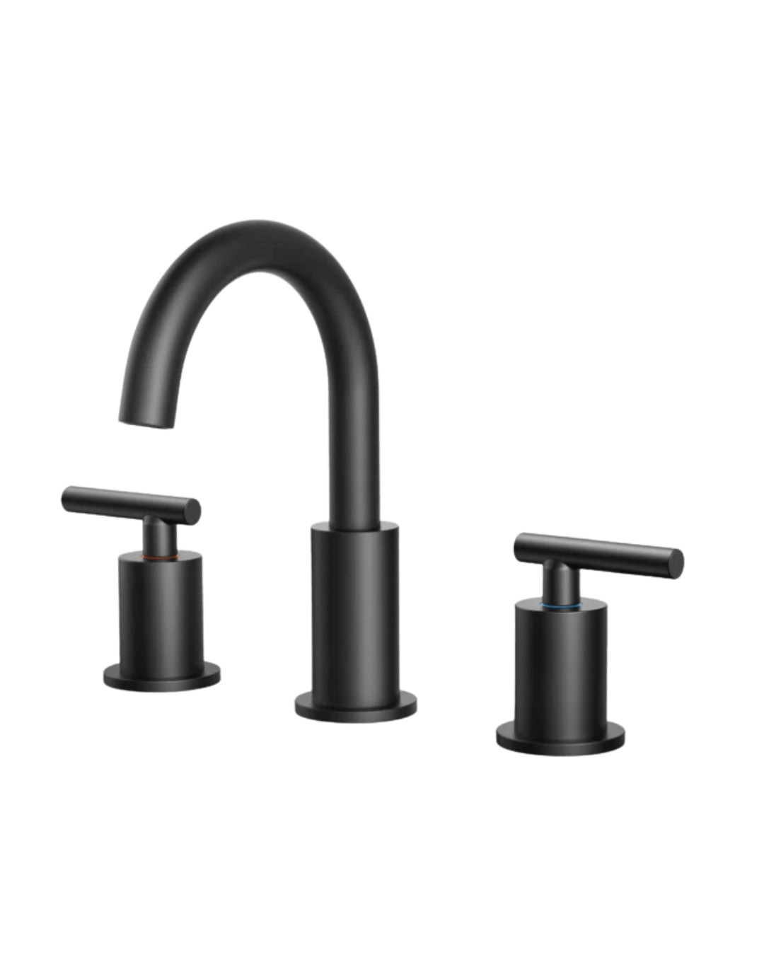 Modern 8-inch widespread bathroom faucet with a matte black finish, featuring a curved spout and two lever handles.