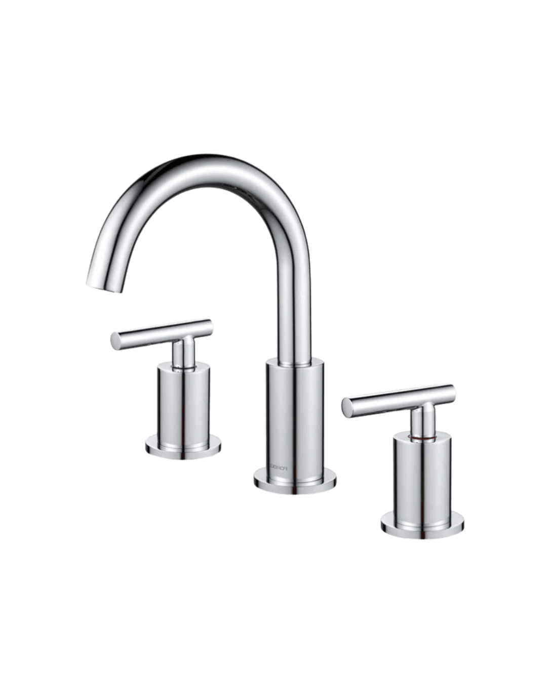 Polished chrome widespread faucet featuring a curved spout and two cylindrical handles.