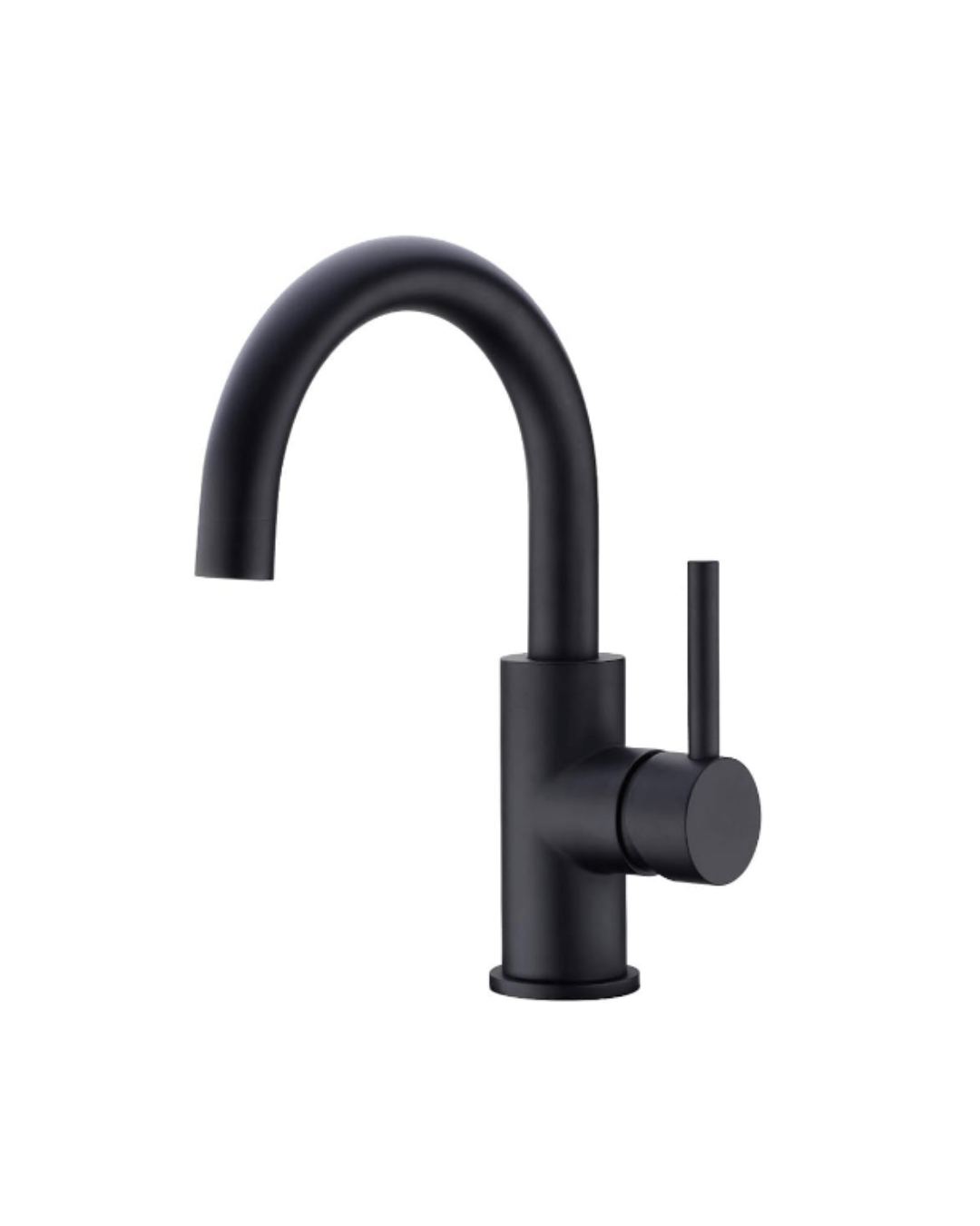 Sleek single-hole bathroom faucet in matte black finish, featuring a modern curved spout and minimalist lever handle design.