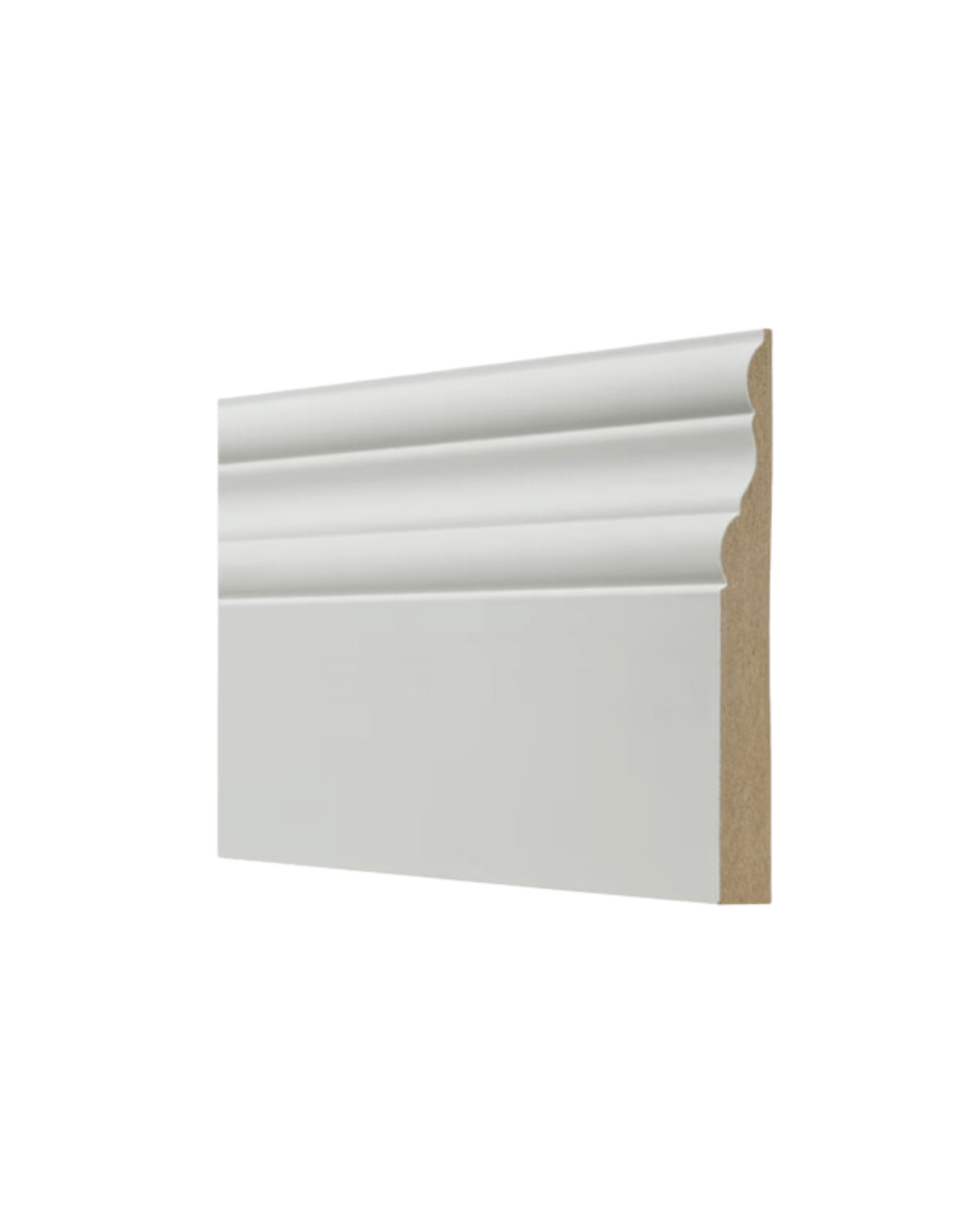 Side view of a decorative white baseboard molding with curved detailing on top.