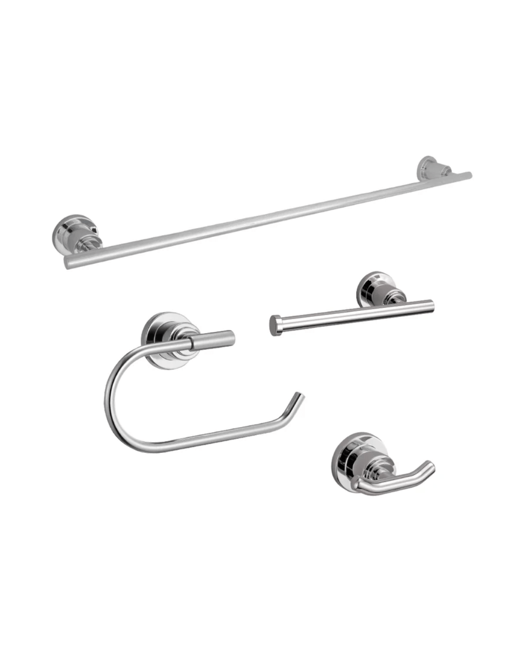 Polished chrome bathroom accessory set including towel bar, towel hook, towel ring, and toilet paper holder.
