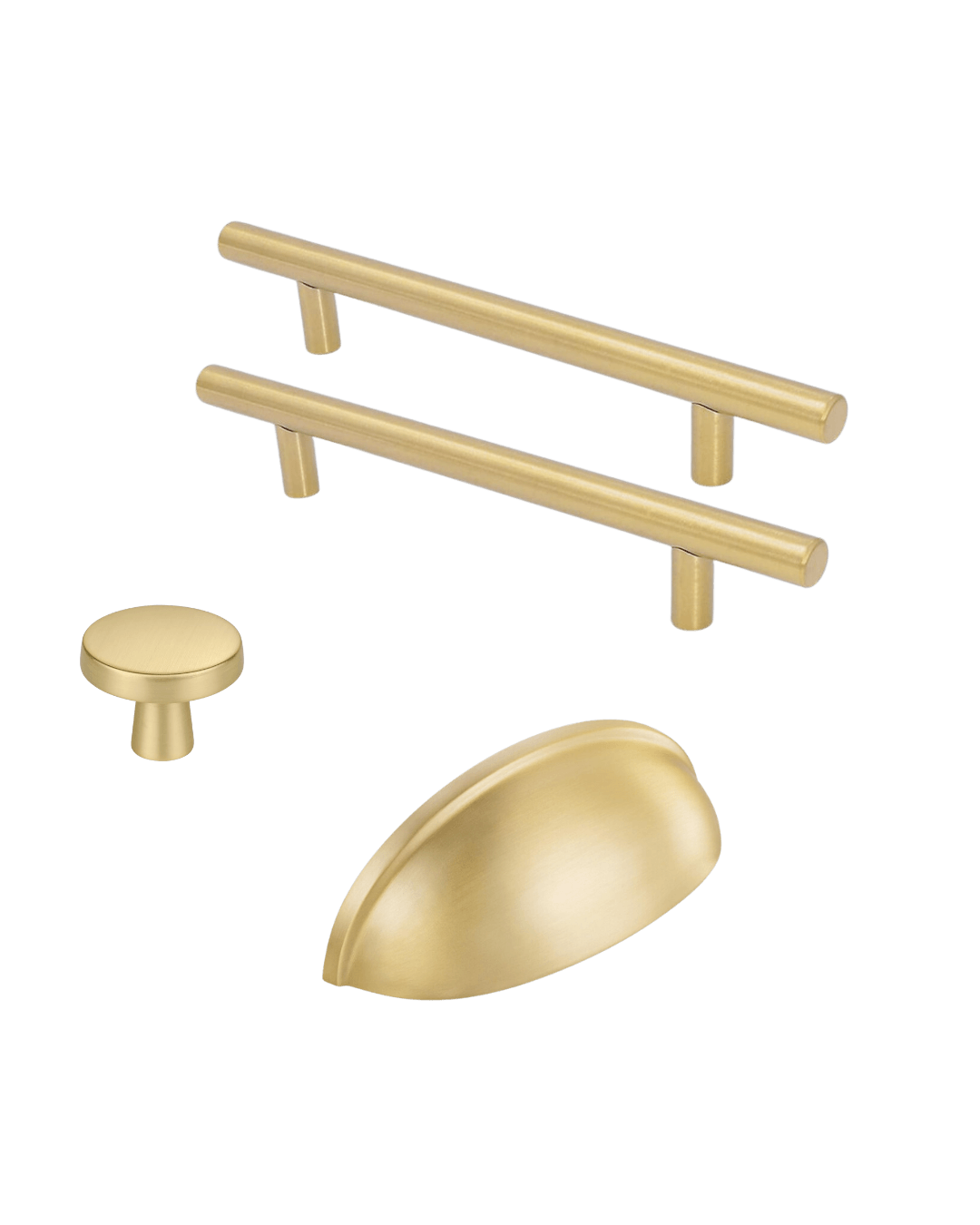 Modern brushed brass cabinet hardware set, featuring sleek handles, elegant cup pulls, and minimalist round knobs, ideal for adding warmth and sophistication.