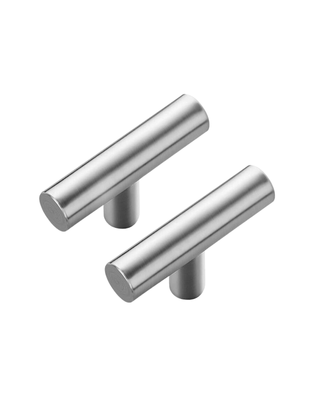 Two modern cylindrical cabinet knobs in a brushed satin nickel finish.