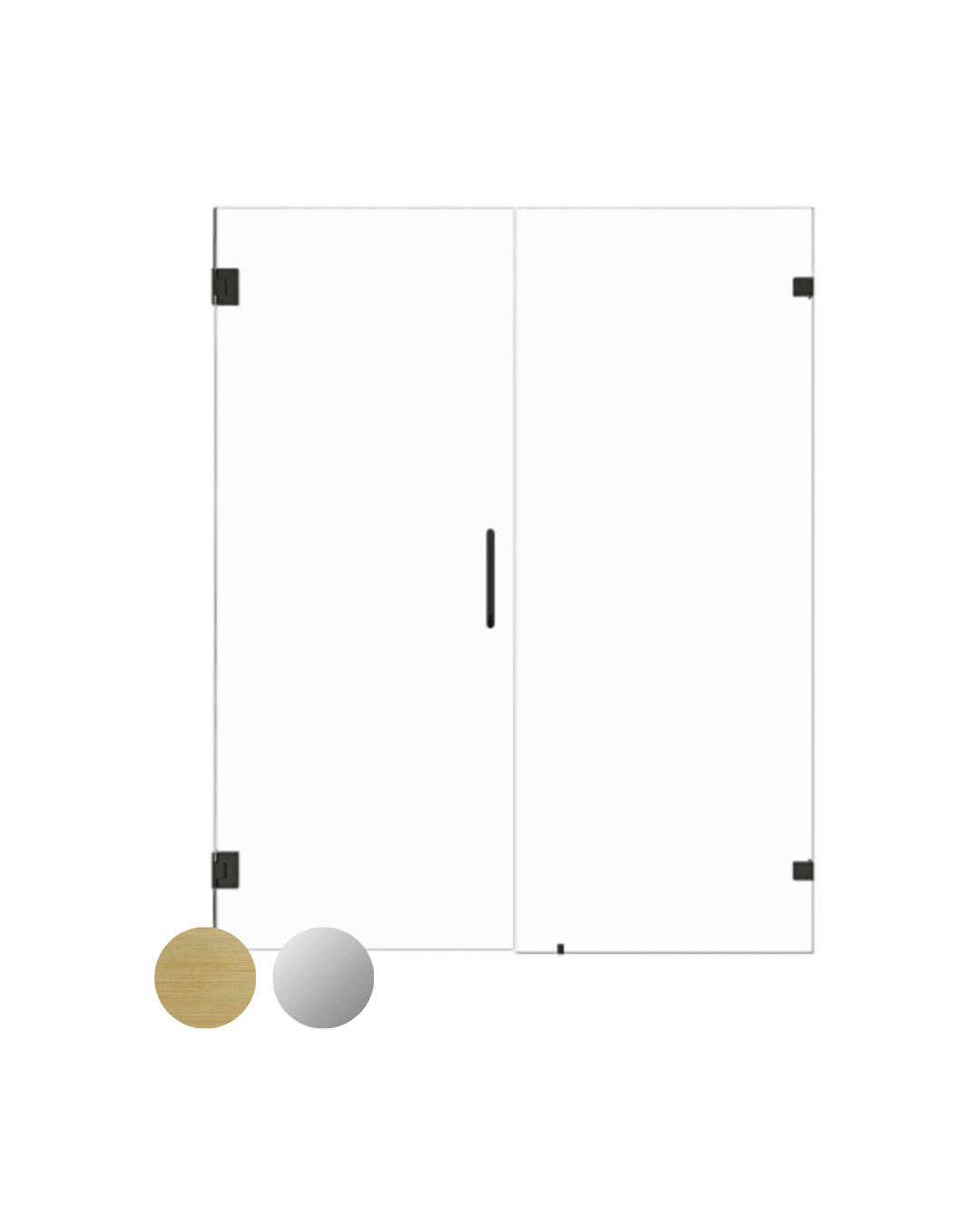 Contemporary hinged frameless glass shower door featuring elegant hardware, available in matte black, silver, or satin brass finishes.