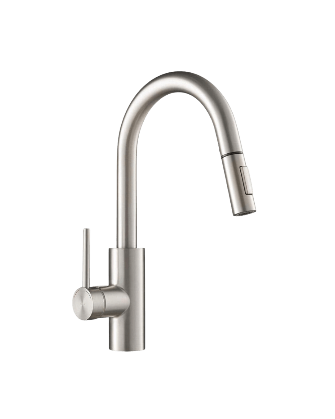 Modern kitchen faucet in satin nickel finish with a curved spout and single-lever control.