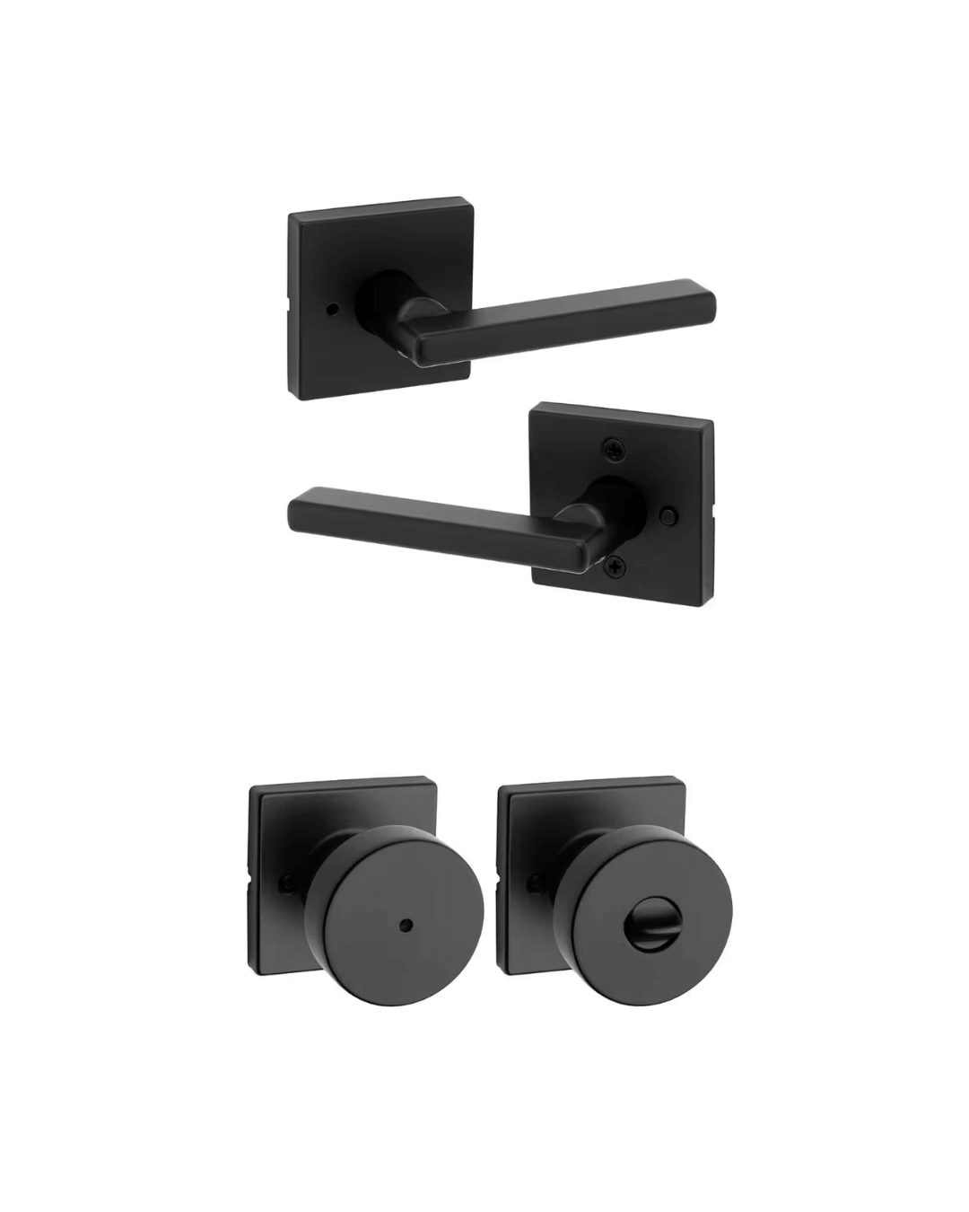 Matte black square plate door hardware featuring modern style lever handles and round knobs.