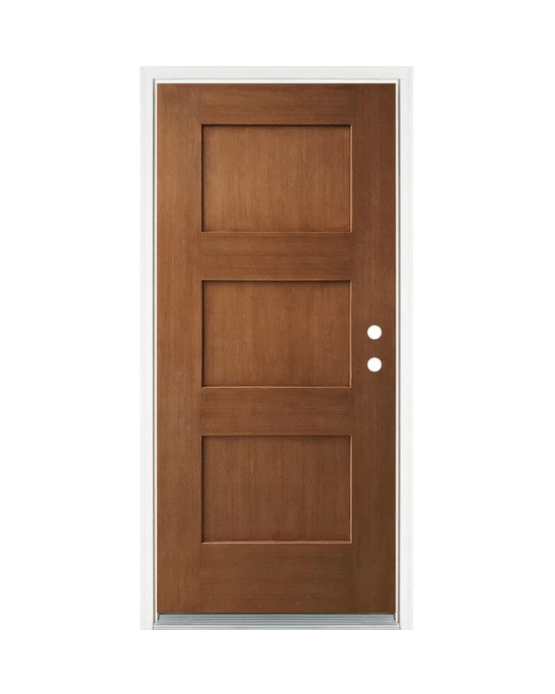 Medium oak fiberglass front door featuring a classic three-panel shaker design, providing a warm and welcoming entryway.