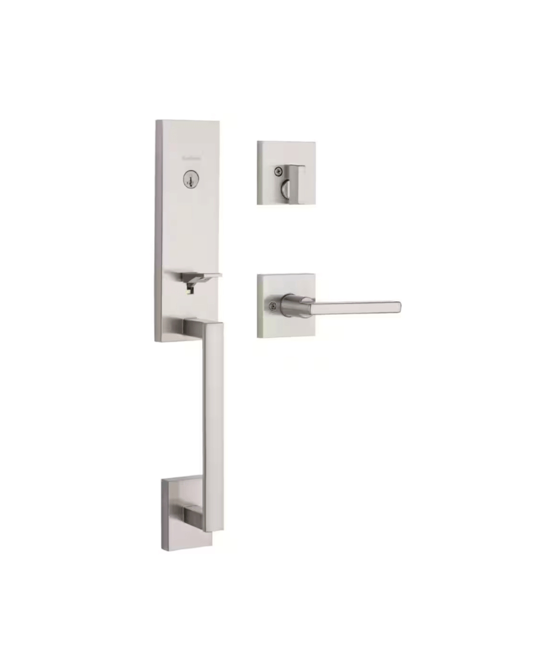 Modern front-door handle set in a satin nickel finish featuring a sleek design with a long rectangular handle, deadbolt, and lever.
