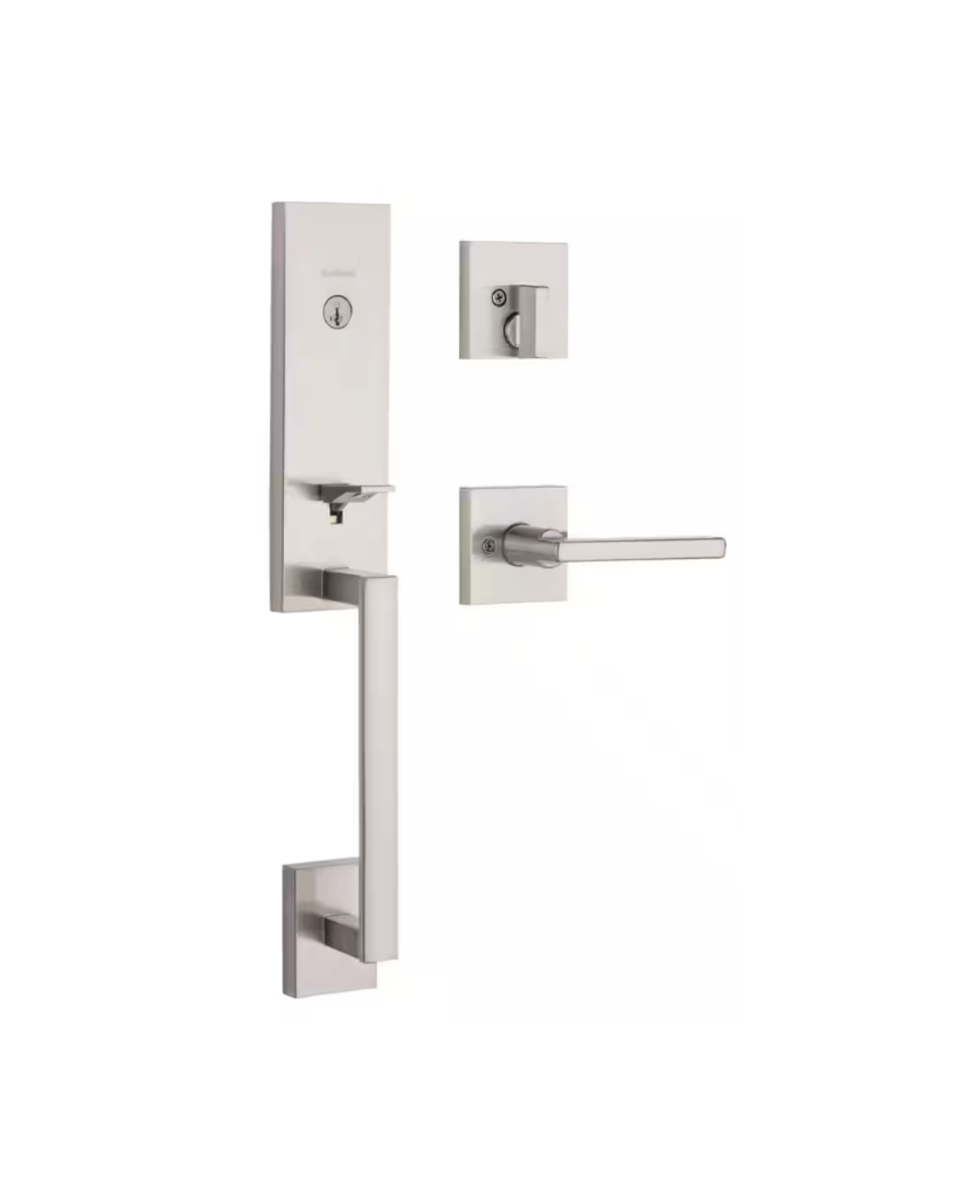 Satin nickel door handle set including lever handle, deadbolt, and square base.