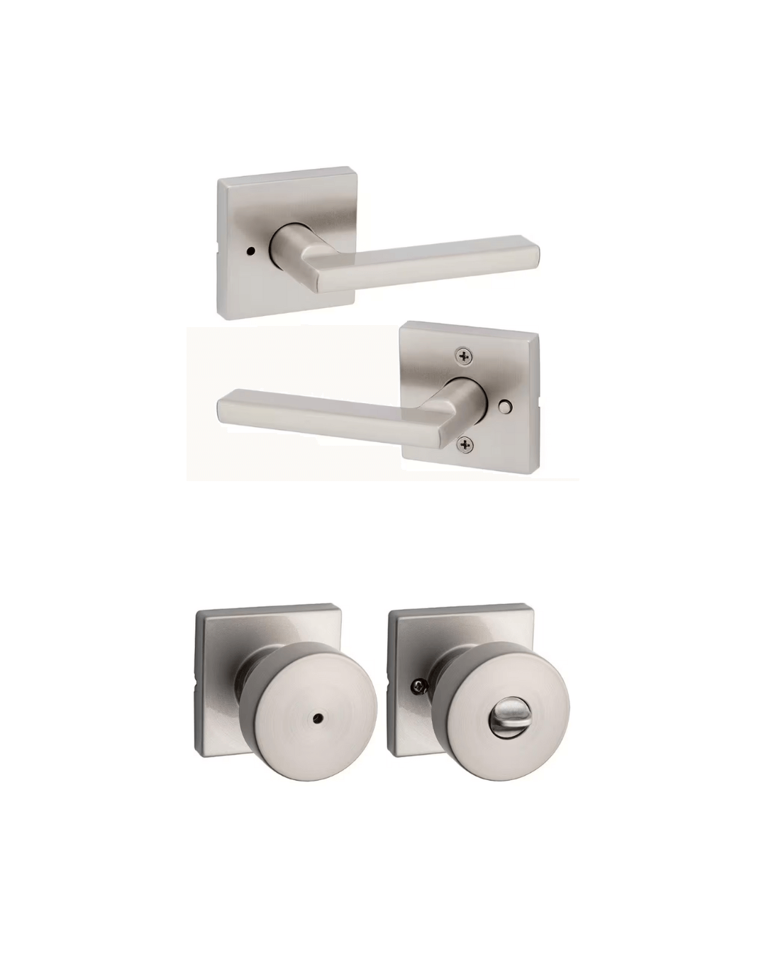 Interior door hardware set in satin nickel finish featuring contemporary square backplates and sleek lever handles and round knobs.