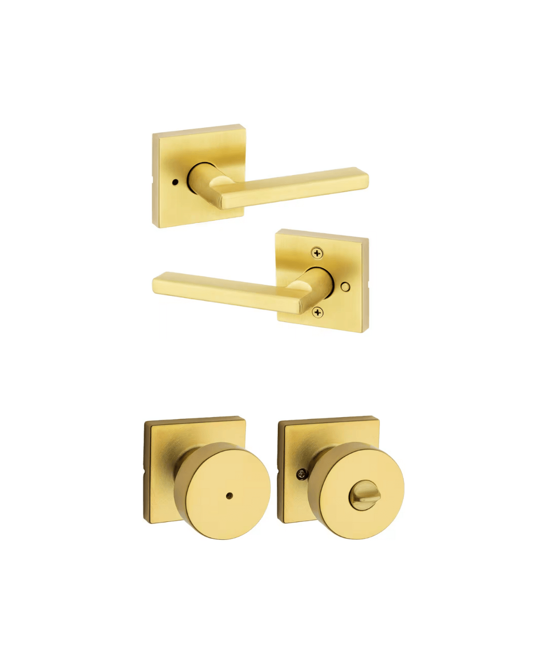 Modern door hardware set featuring satin brass finish, including sleek square-backplate levers and round privacy knobs.