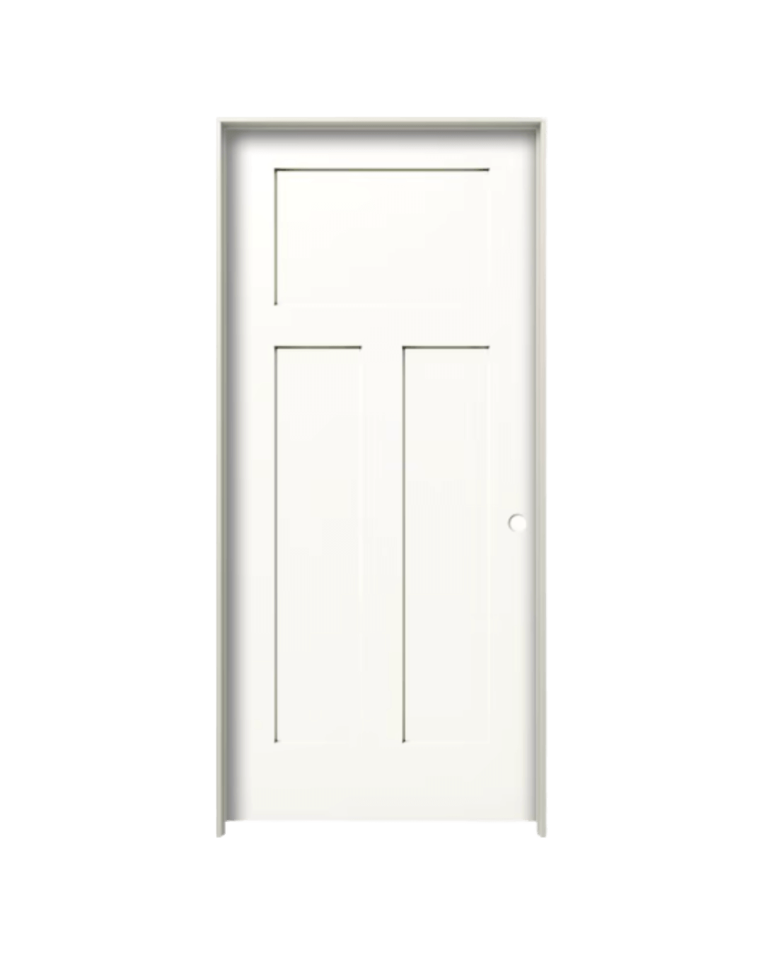 Modern three-panel white interior door with rectangular inset panel design.