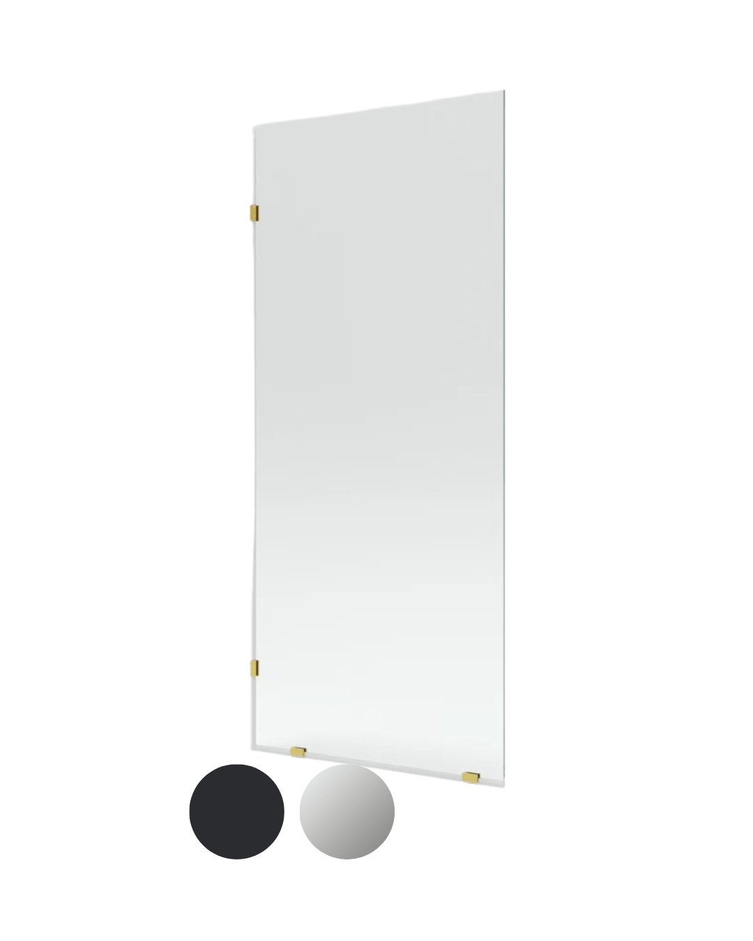 Fixed frameless clear glass shower panel with small hinges available in matte black, silver, or satin brass finishes.