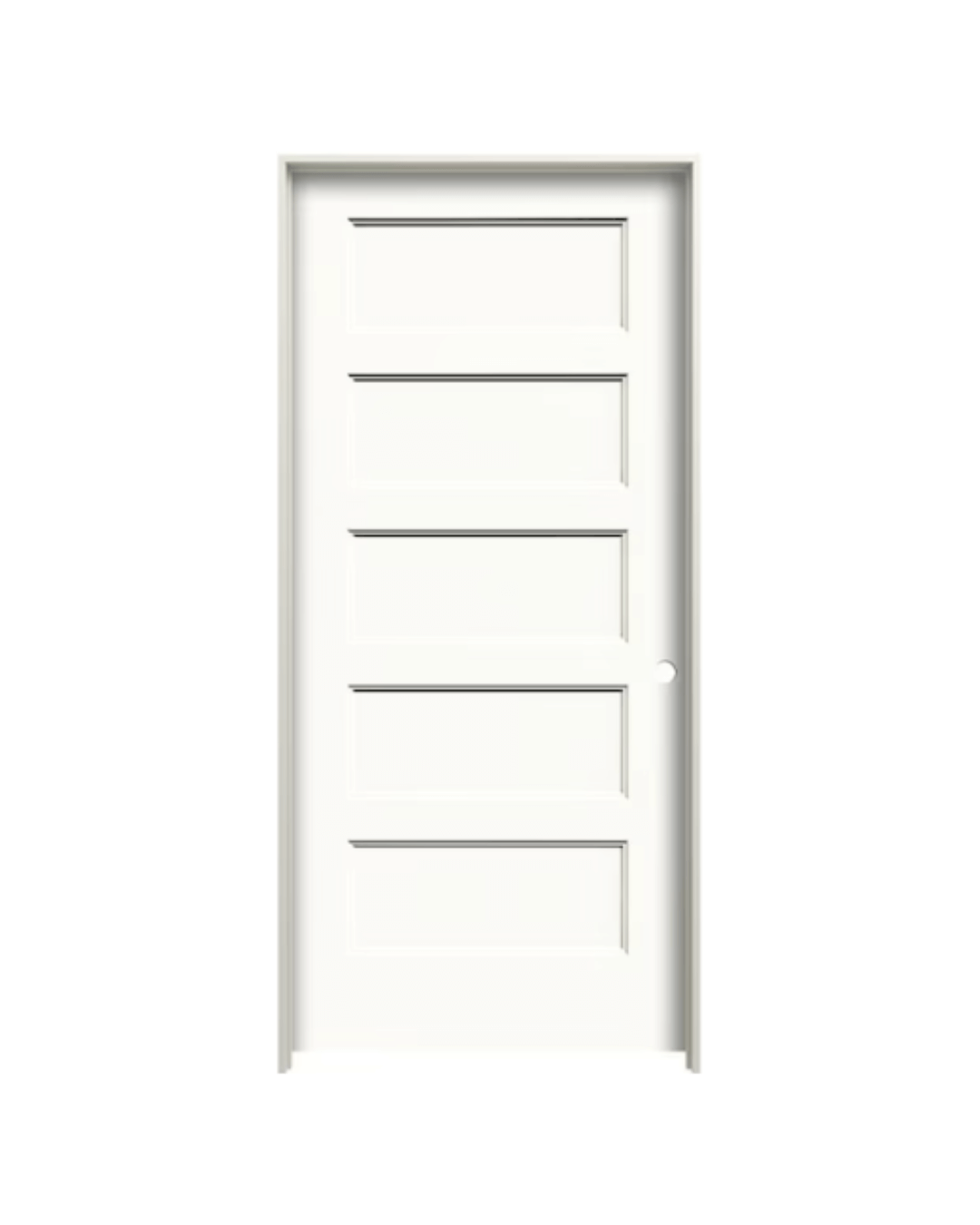 White interior door featuring five beveled rectangular panels, providing a modern and clean appearance.