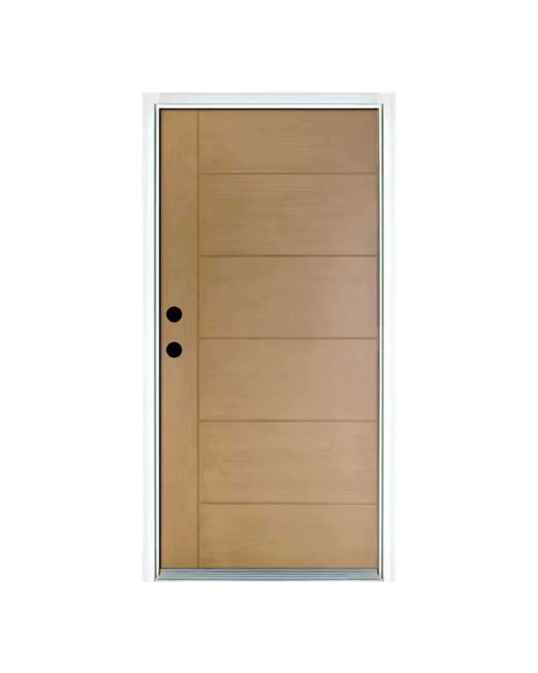 Light oak stained fiberglass front door with contemporary horizontal panel design.
