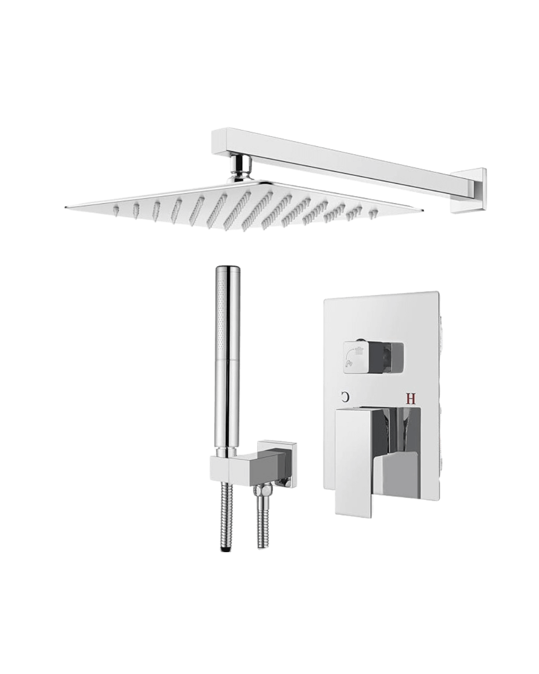 Polished chrome shower fixture including a square rain showerhead, handheld showerhead, and rectangular wall-mounted control panel.