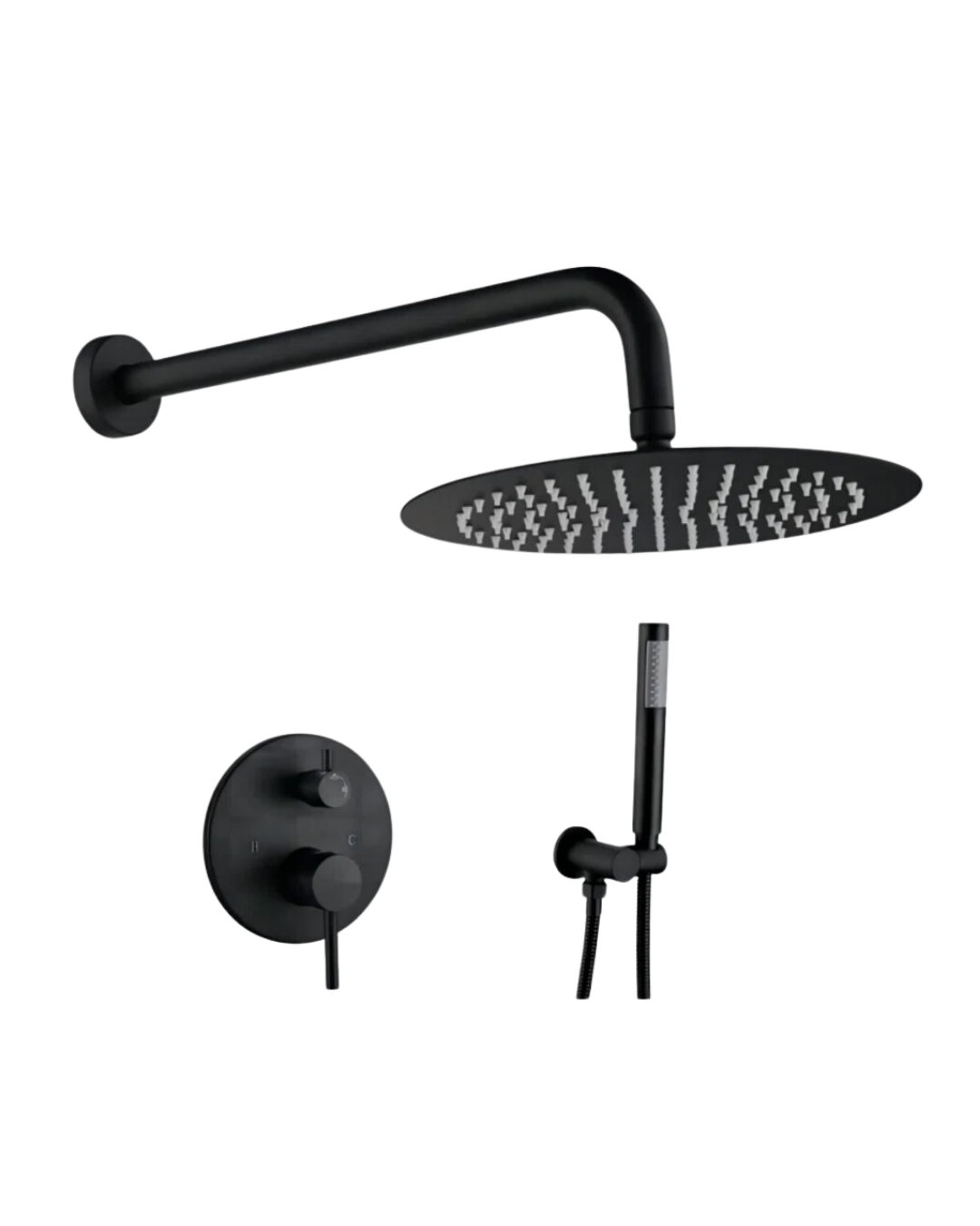 Matte black rainfall showerhead, handheld shower attachment, and round control valves.