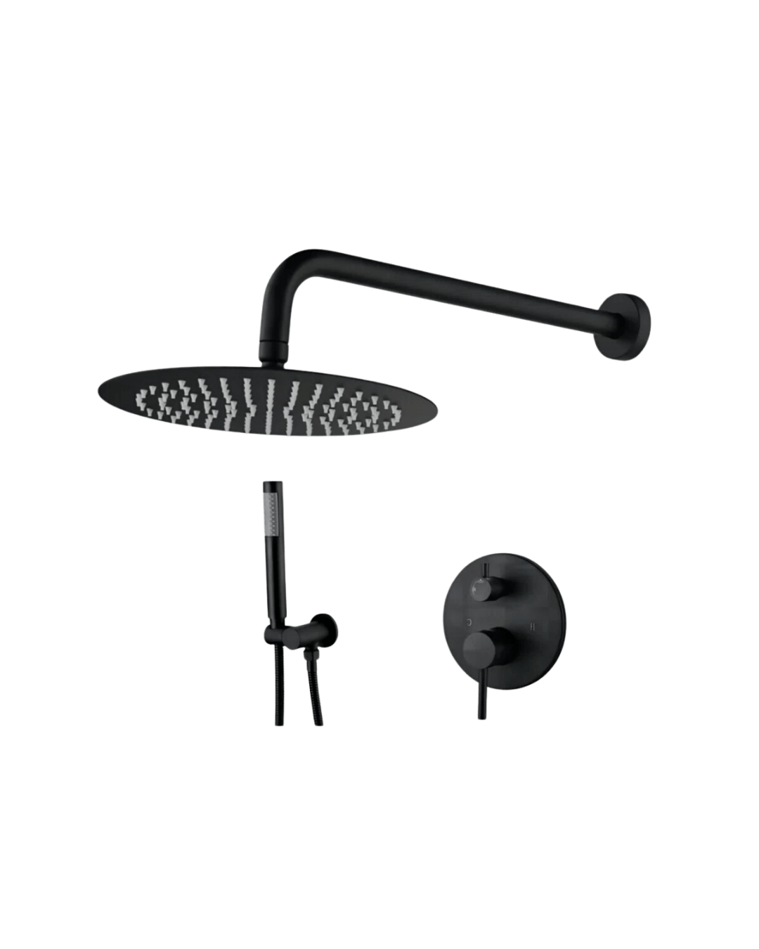 uxurious matte black shower fixture set featuring a wide rain-style showerhead, sleek handheld shower attachment, and minimalist control knobs.