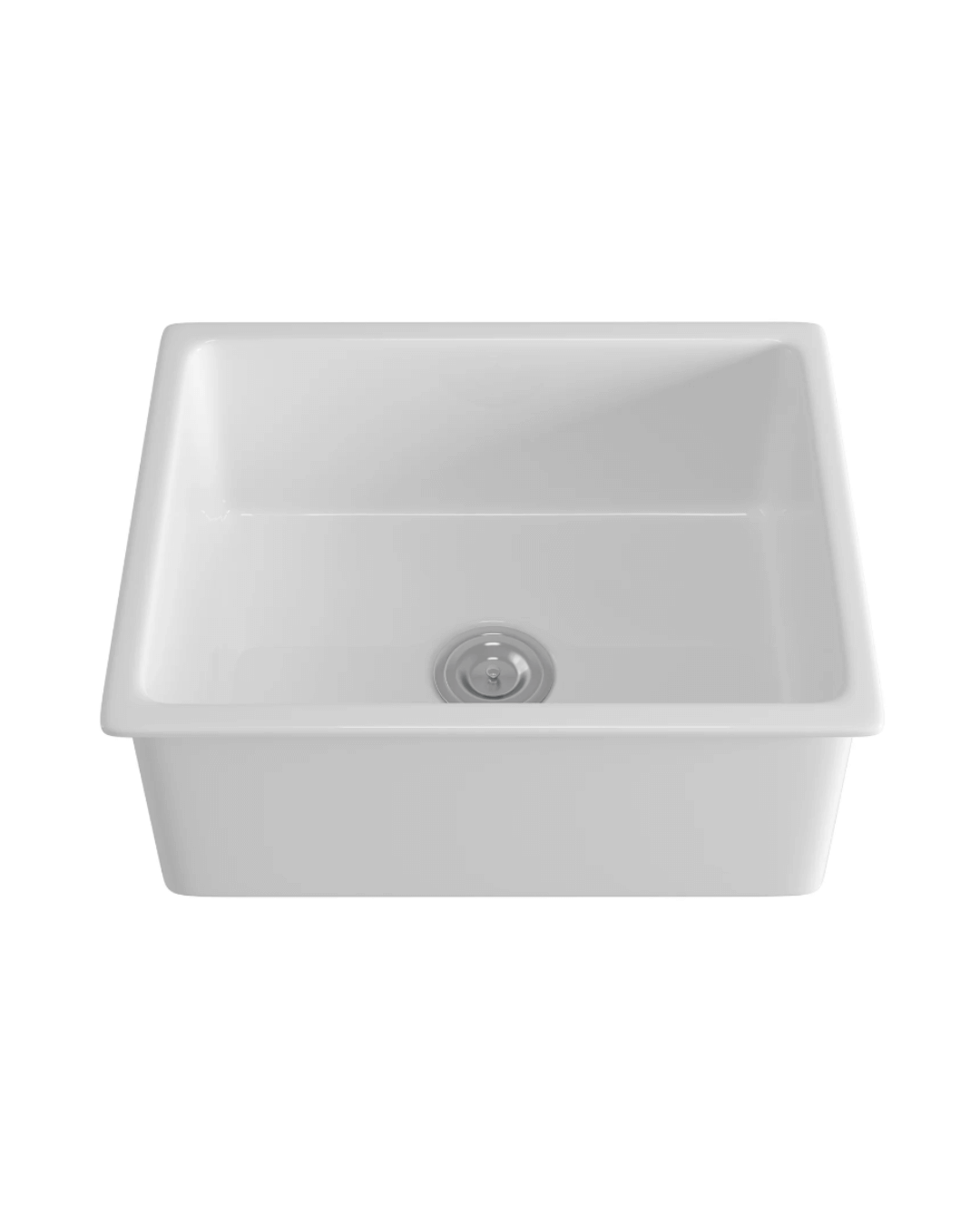 White single-bowl undermount fireclay kitchen sink with sleek, modern styling.