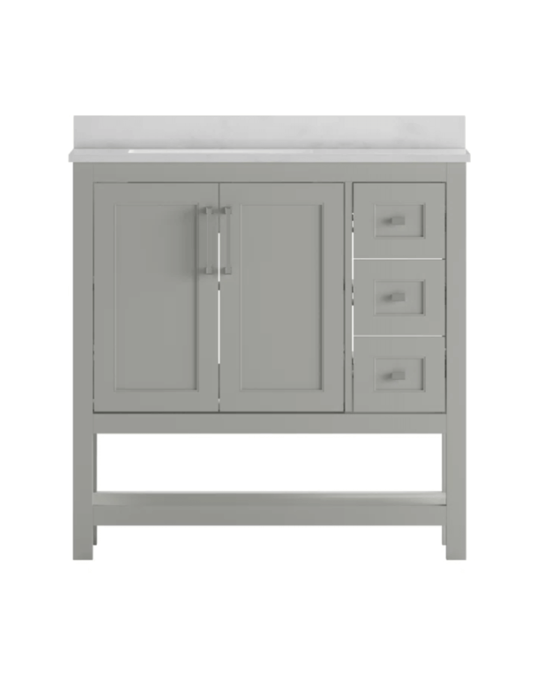 A bathroom vanity in a neutral grey finish featuring two cabinet doors, three side drawers, modern silver hardware, and an open bottom shelf.