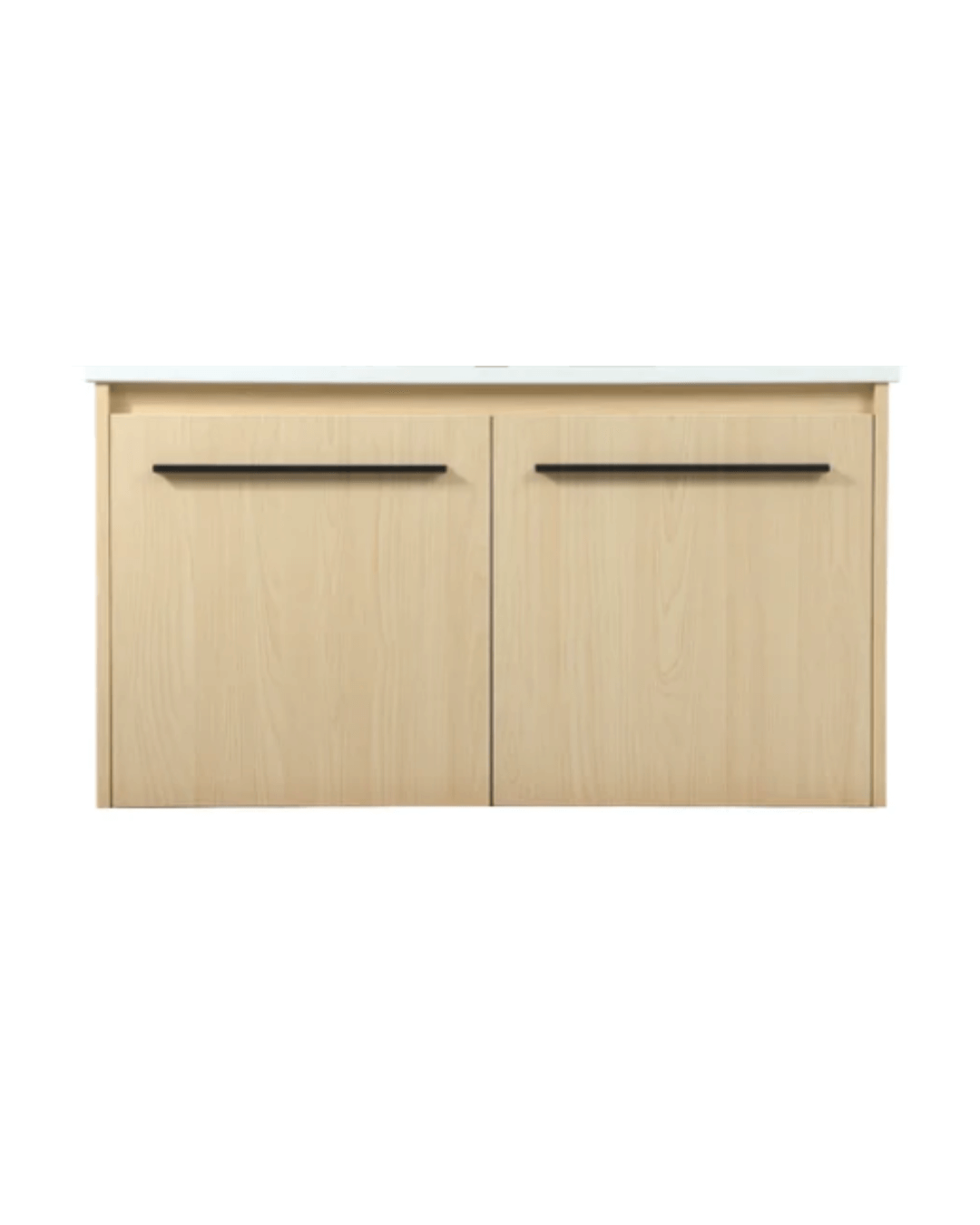 Modern floating vanity cabinet with a warm maple finish, minimalist matte black hardware, and sleek white countertop, enhancing contemporary bathroom spaces.