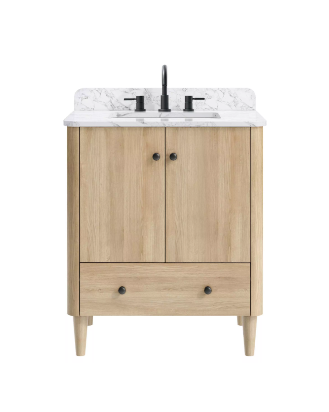 Oak-finished vanity cabinet with two doors, bottom drawer, marble countertop, and matte black hardware.
