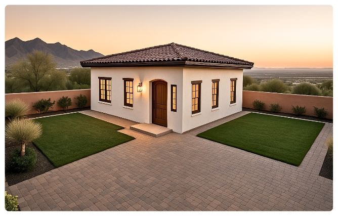 3D floor plan rendering of Alder 800 sq ft ADU showing 2 bedroom layout with open kitchen, dining, and living area—ideal for 2 bedroom ADU floor plans 800 sq ft