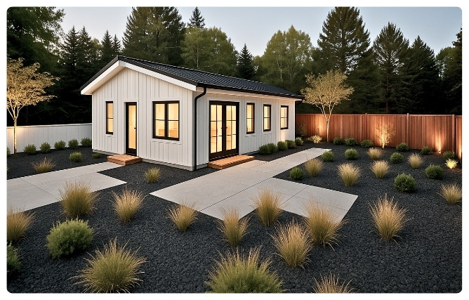 3D exterior view of Maple model from adu floor plans 800 sq ft collection, showing modern white siding, black trim, and landscaped yard