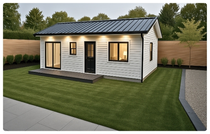 3D exterior rendering of the Mesquite 880 sq ft ADU plans showing the compact, modern 3-bedroom, 2-bath design.
